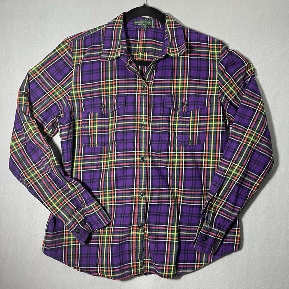 LRL‎ Lauren Jeans Co. Ralph Lauren SZ L Purple Plaid Cotton Shirt Button-Up - Picture 1 of 9